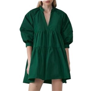 NWT Zara New Sheen Emerald Green 3/4 Sleeve Voluminous Women's Dress Size Small